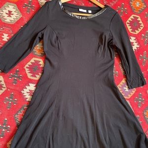 Black long sleeve dress faux leather trim mid length